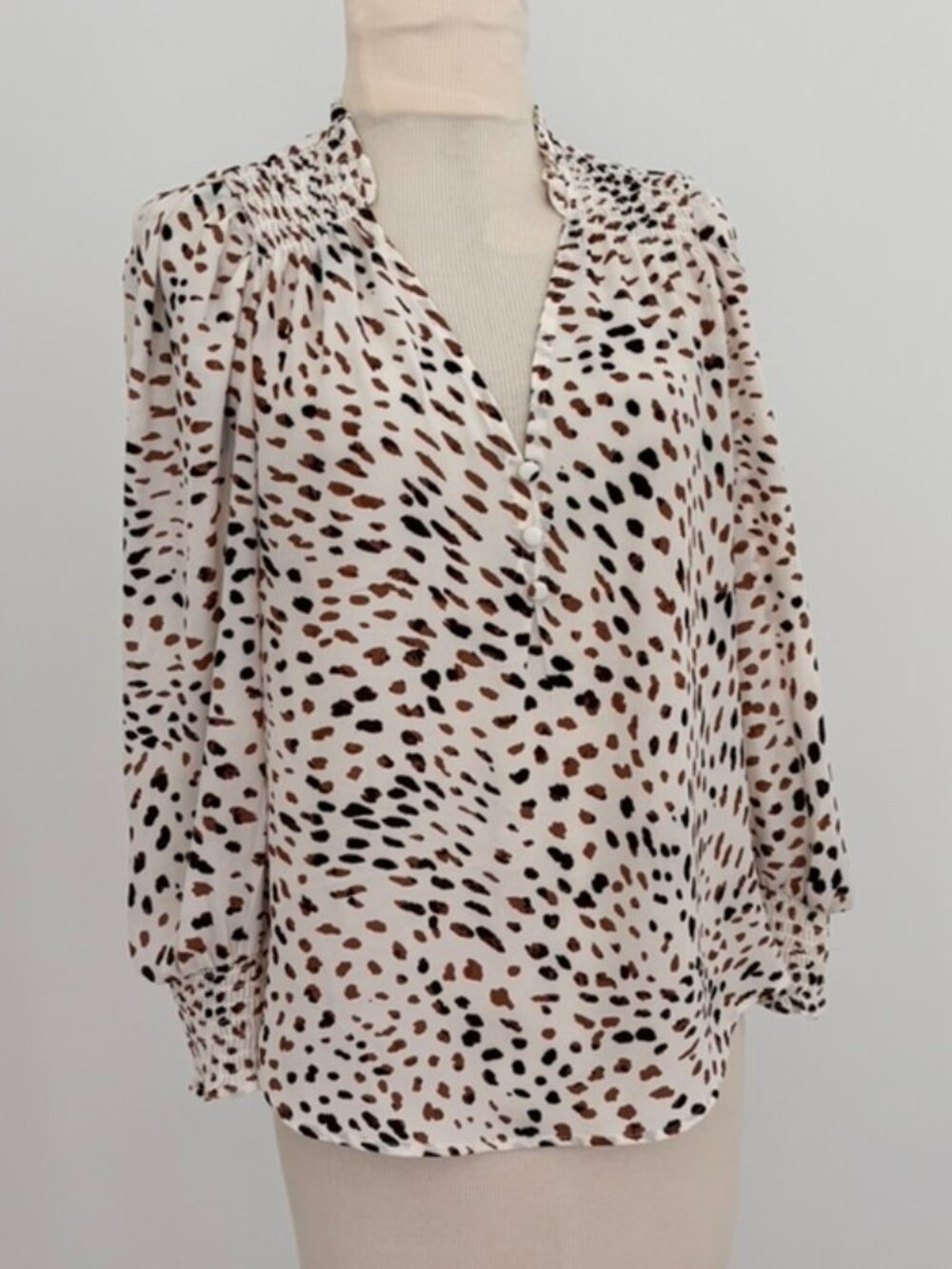 Philosophy Cream Brown Black Animal Print Smocked Sleeve Blouse Sz‎ S